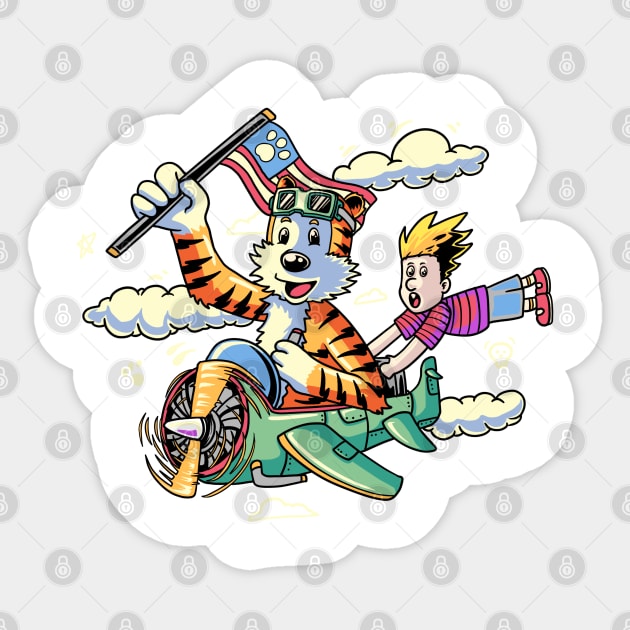 Calvin and Hobbes ride a rocket Sticker by inhistime5783